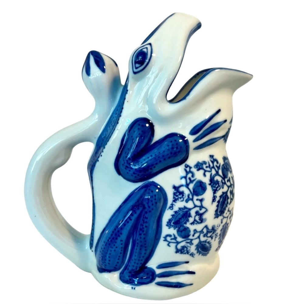 Vintage Blue and White Ceramic Frog Pitcher